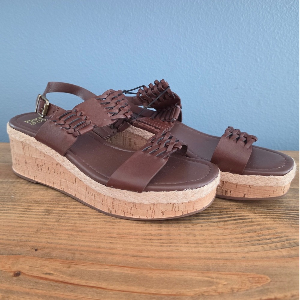 Frye and Co Womens Lavish Wedge Sandals Brown Woven Cork Platform 7.5M